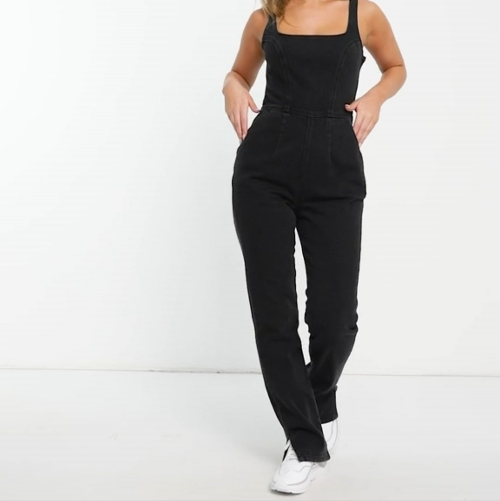 ASOS DESIGN Hourglass Denim Jumpsuit With Puddle Hem In Black